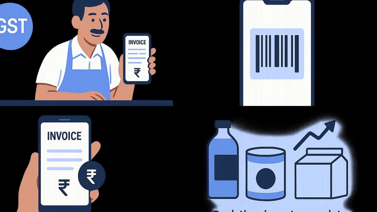 Mobile GST billing features infographic showing offline invoicing, barcode scanning, WhatsApp sharing, and inventory syn
