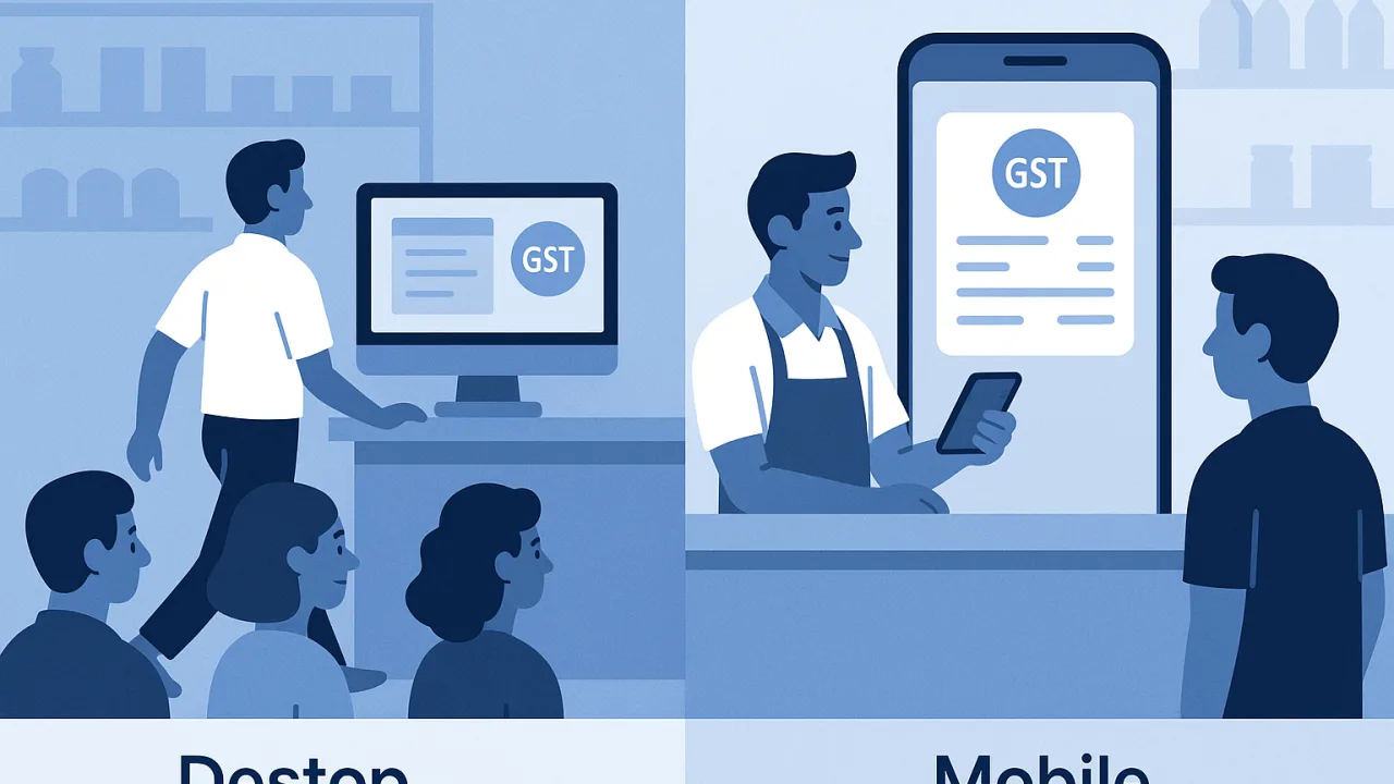 Comparison infographic: Desktop GST billing takes 45-60 seconds with queue buildup versus mobile billing completing invo