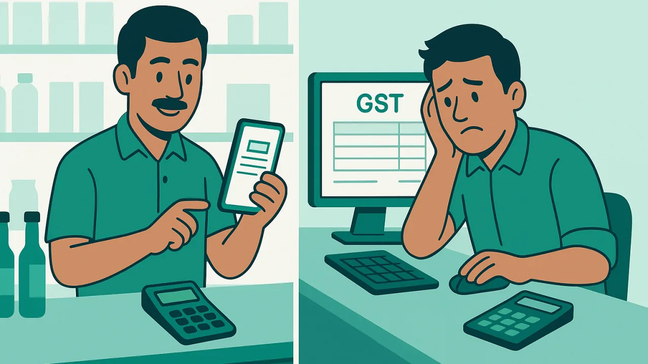 Comparison of mobile billing at sales counter versus desktop computer billing station in kirana store