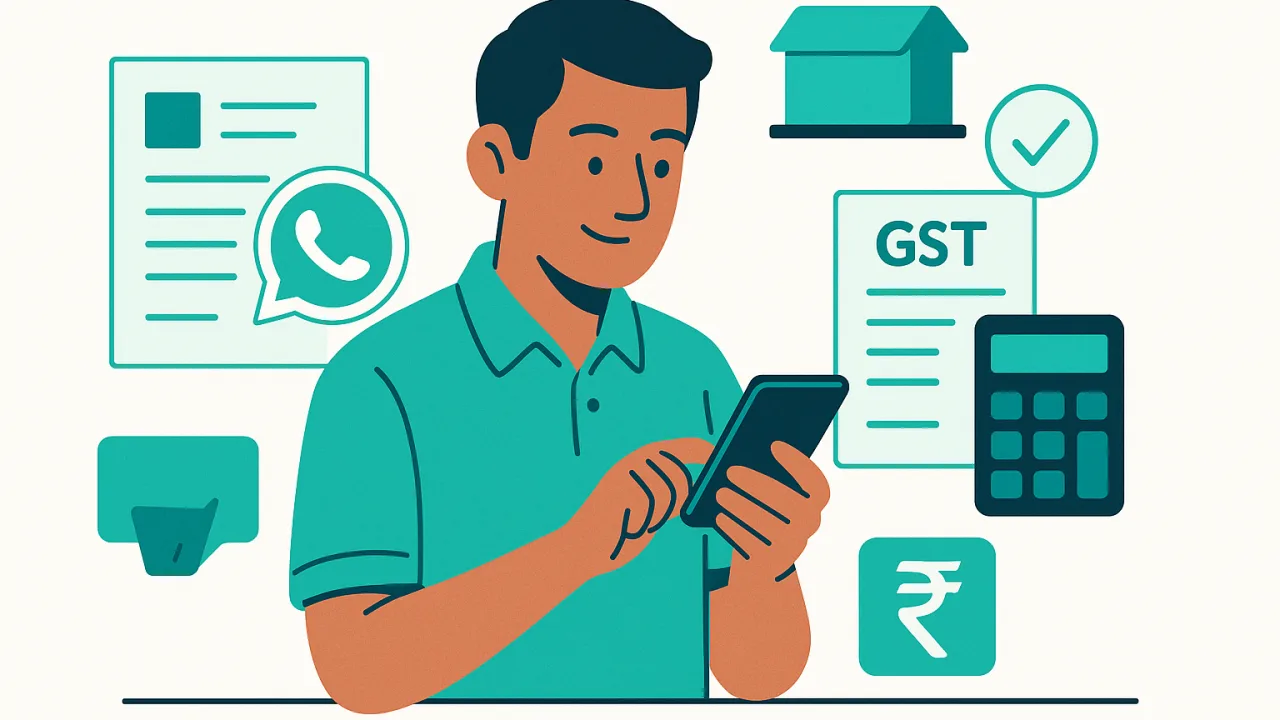 Mobile billing advantages infographic showing instant delivery, inventory management, payment integration and GST compli