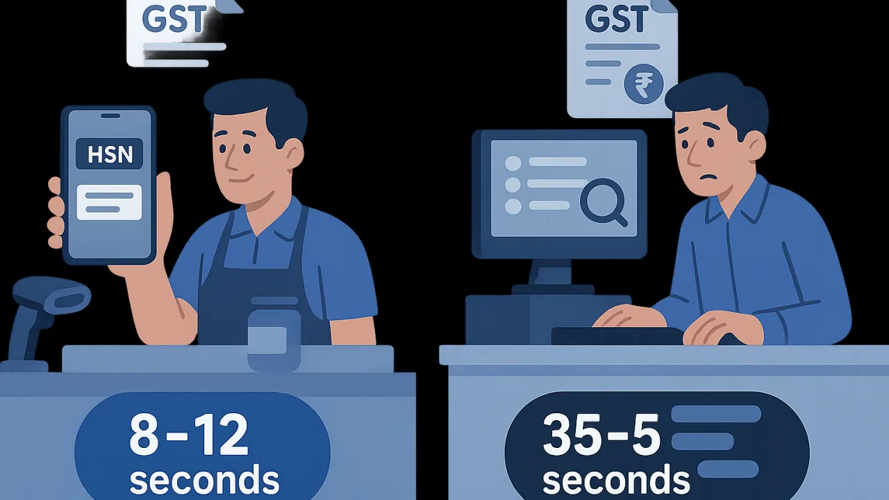 Speed comparison chart showing mobile HSN search taking 8-12 seconds versus desktop software taking 35-50 seconds during