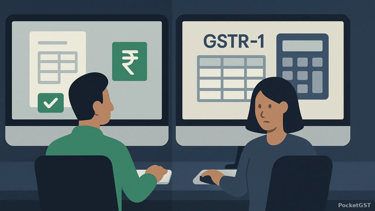 Split screen comparison showing desktop computer as sales terminal versus accountant workstation during GSTR-1 filing