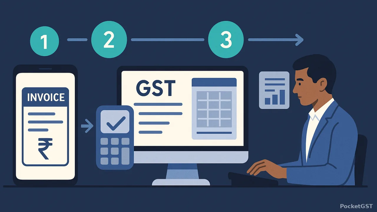 Workflow diagram showing mobile billing app running independently while desktop handles GSTR-1 compliance activities