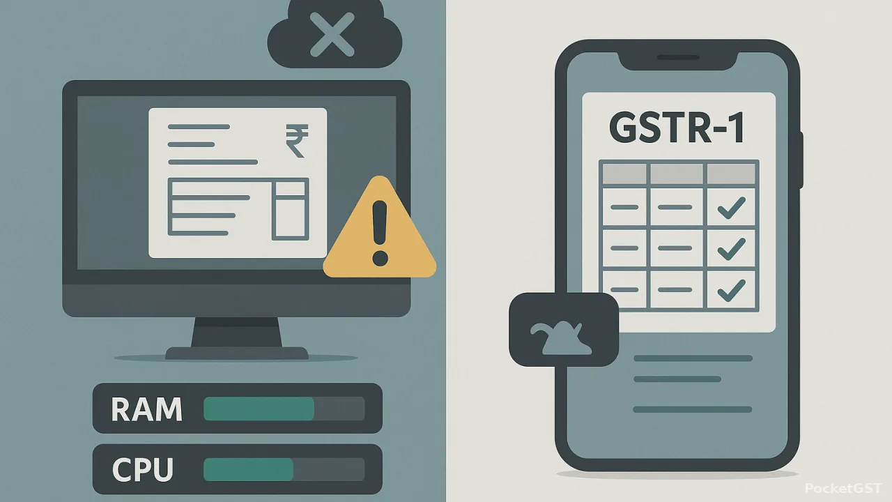 Desktop computer screen split showing billing software conflicts with GSTR-1 compliance tools, RAM usage warnings visibl