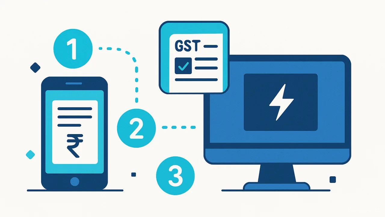 Workflow showing mobile phone processing customer transactions separately from desktop computer running GSTR-1 complianc