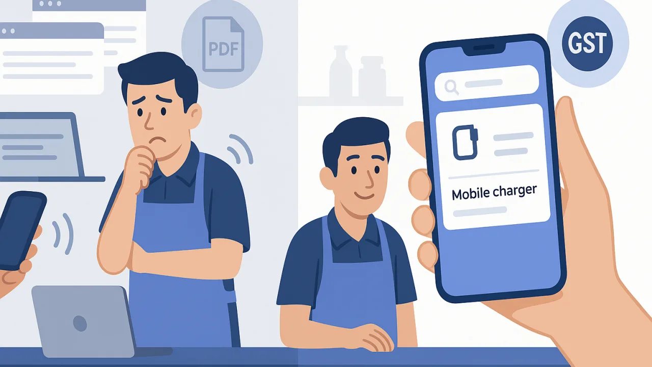 Comparison of slow traditional HSN code search versus instant mobile lookup results