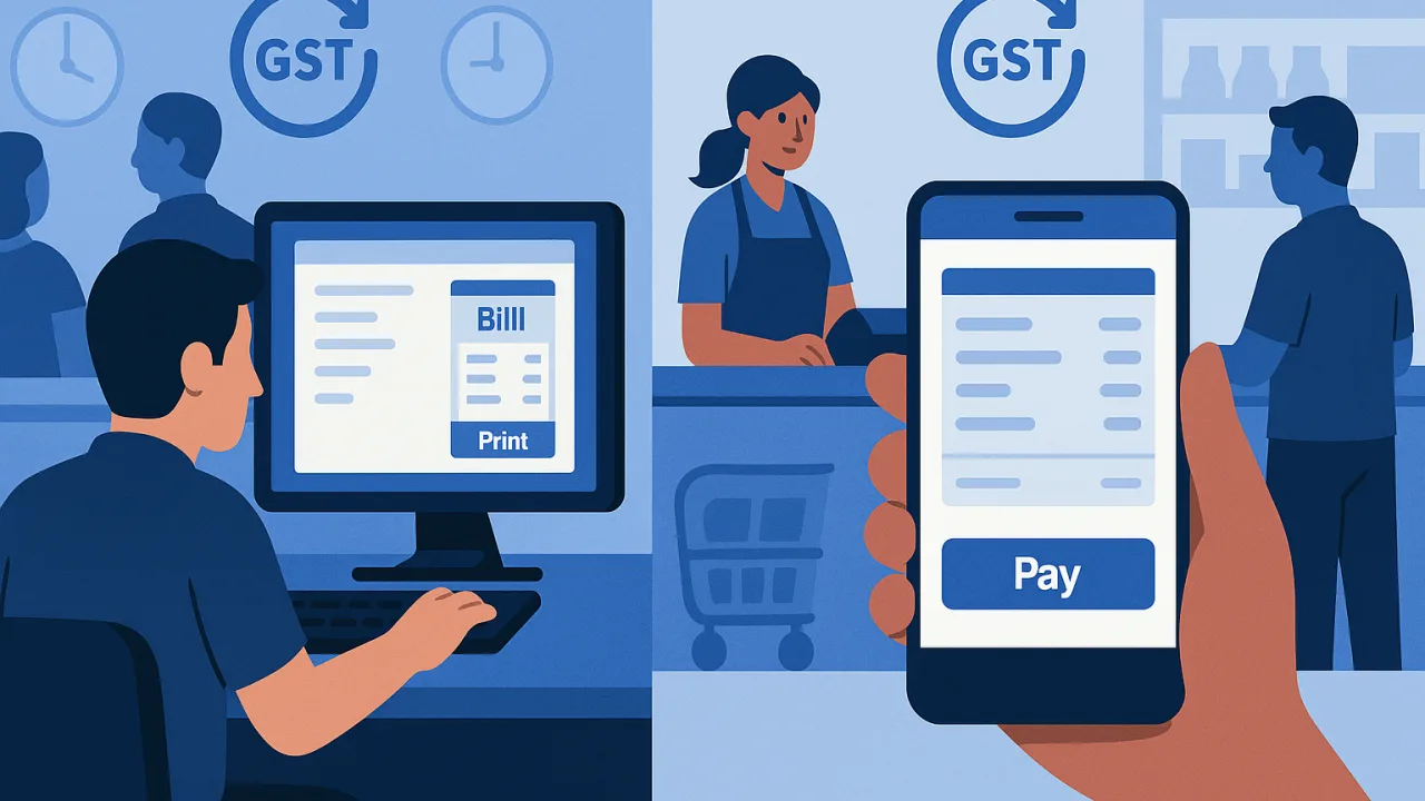 Comparison of desktop single-device dependency versus mobile multi-device independence for kirana store billing