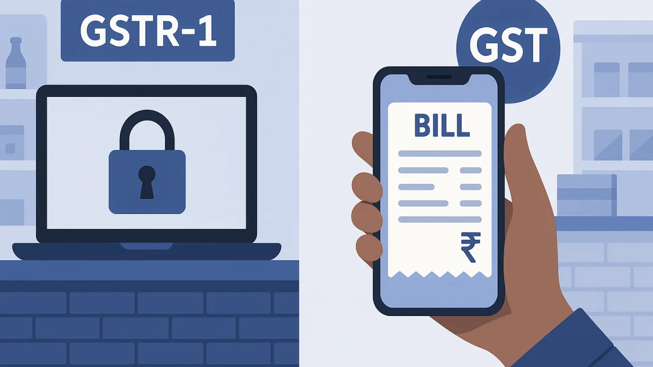 Split screen comparison: desktop computer with 'System Locked for GSTR Filing' message versus smartphone showing active