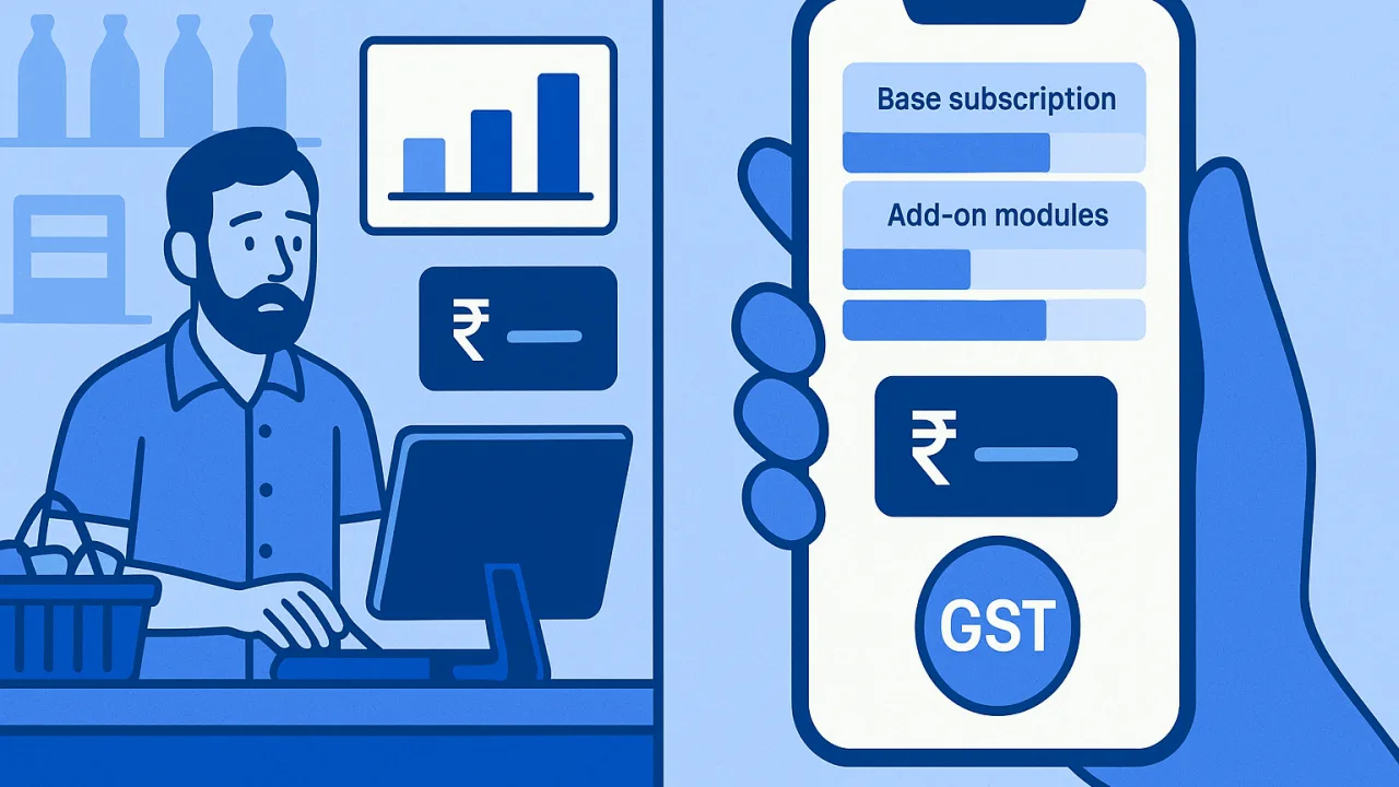 Pricing comparison chart showing MyBillBook base price plus multiple add-on modules versus PocketGST single comprehensiv