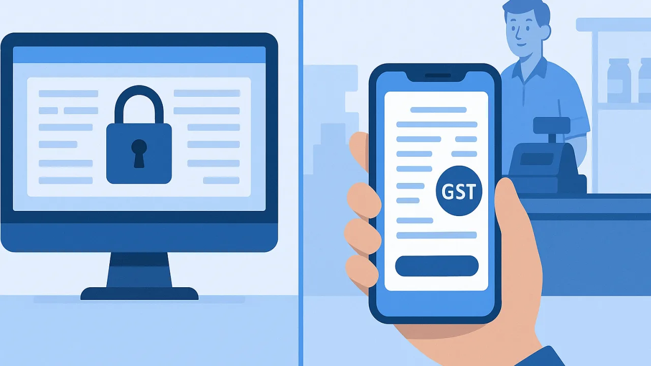 Desktop computer screen showing locked GST filing software while smartphone displays active PocketGST billing interface
