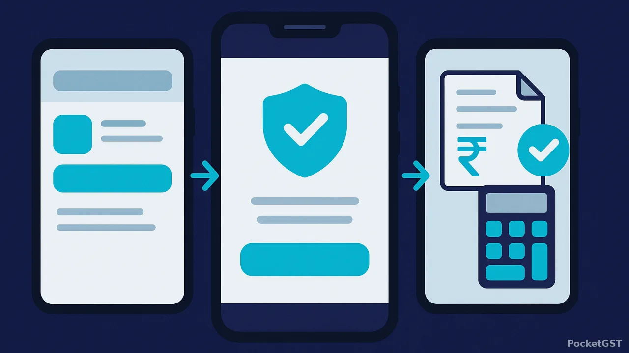 Android phone screens showing PocketGST installation process from Google Play Store search to completed setup