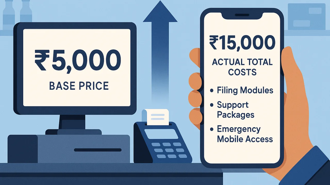 Desktop GST billing hidden costs breakdown showing base price versus actual filing season expenses