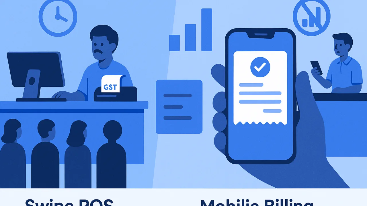Infographic comparing Swipe POS versus mobile billing speeds during festive rush hours, showing transaction times and cu