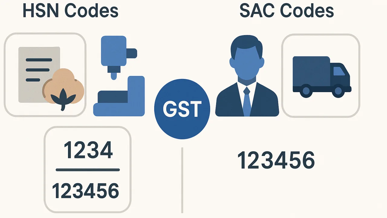 Infographic comparing HSN codes for goods versus SAC codes for services with turnover-based digit requirements