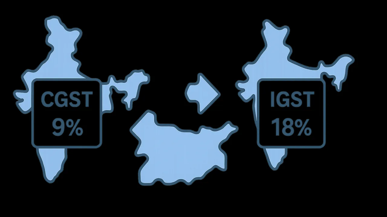 Diagram showing intrastate tax split of 9% CGST plus 9% SGST converting to single 18% IGST rate for interstate transacti