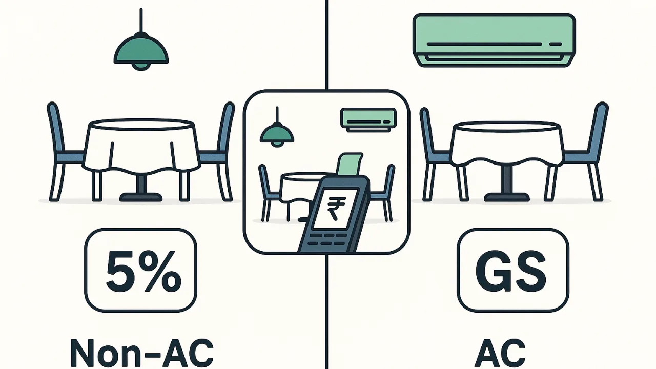 Restaurant GST rate comparison showing AC and non-AC establishments with different tax rates based on seating arrangemen
